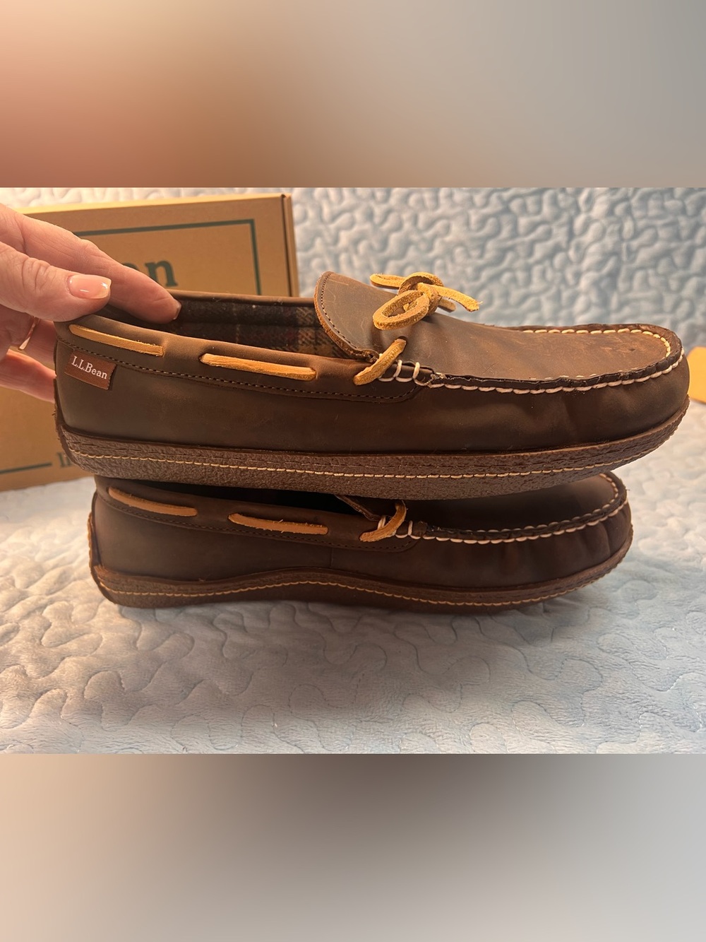 L.L. Bean Brown Leather Moccasin Loafers with Tan Laces - Picture 14 of 16